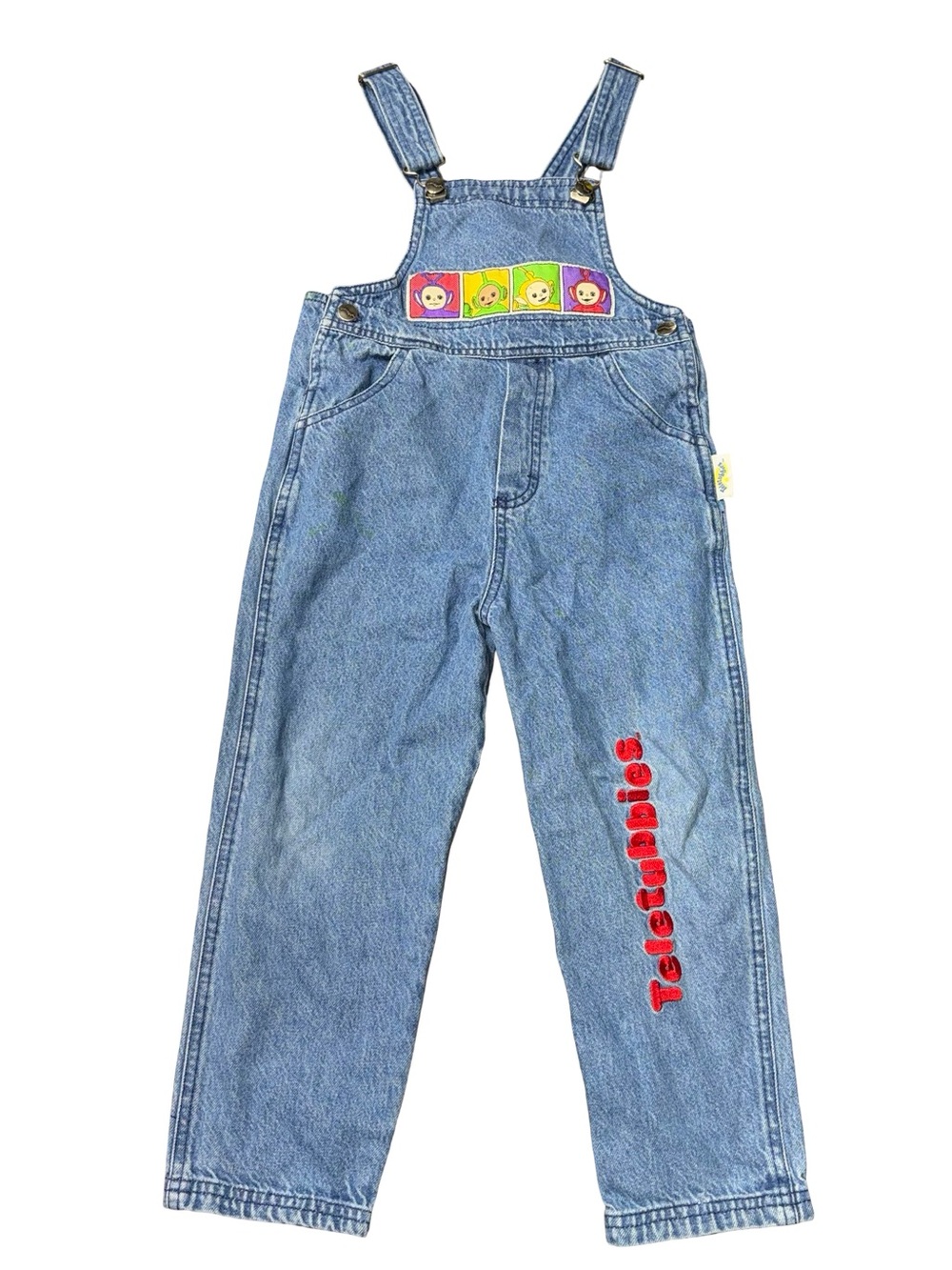 Vtg 90s Teletubbies Denim Overalls Kids Size 4T Rare Character Jean Dungarees